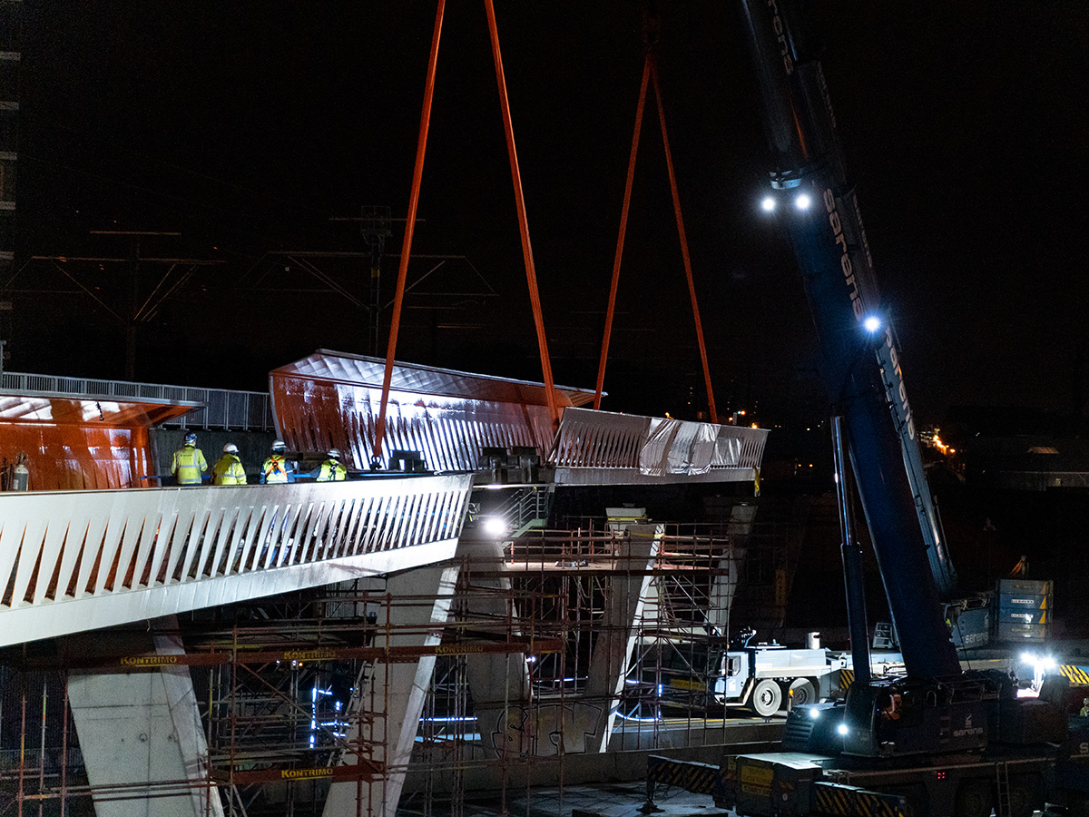 Mounting of new bike and footbridge over the ring road Brussels (BE ...